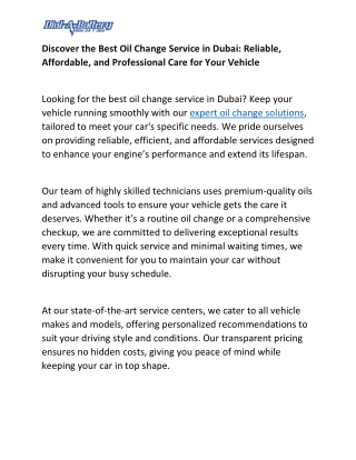 Discover the Best Oil Change Service in Dubai Reliable, Affordable