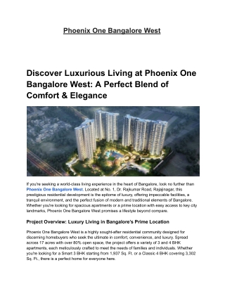 Phoenix One 3 & 4 BHK Apartments in Rajajinagar, Bangalore