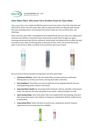 Inline Water Filters: Why Green-Tak is the Best Choice for Clean Water