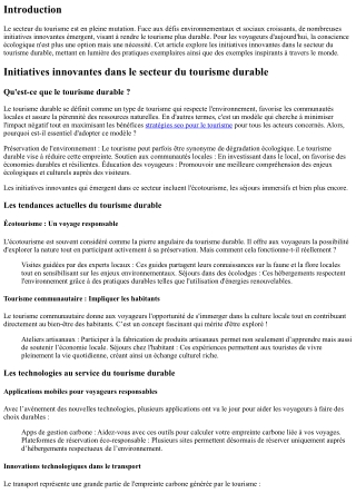 Initiatives innovantes dans le secteur du tourisme durable