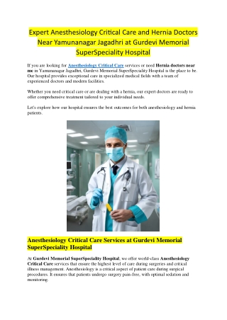 Expert Anesthesiology Critical Care and Hernia Doctors Near Yamunanagar Jagadhri