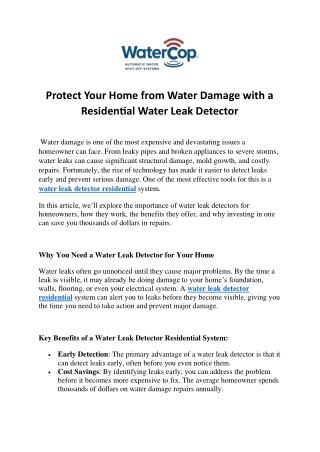 Protect Your Home from Water Damage with a Residential Water Leak Detector