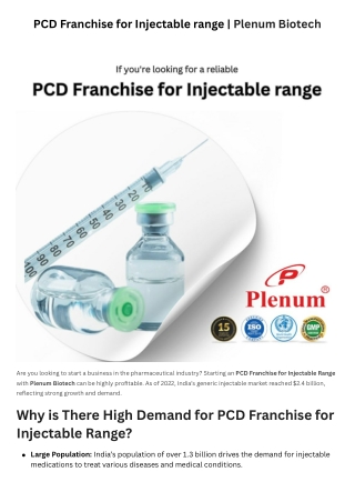 PCD Franchise for Injectable range | Plenum Biotech