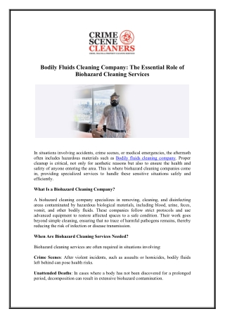 Call Now for Bodily Fluids Cleaning Services - Biohazard Cleaning Company