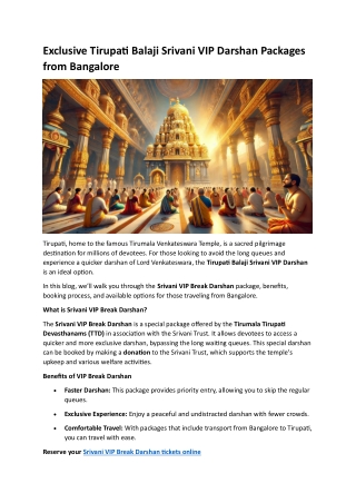 Exclusive Tirupati Balaji Srivani VIP Darshan Packages from Bangalore