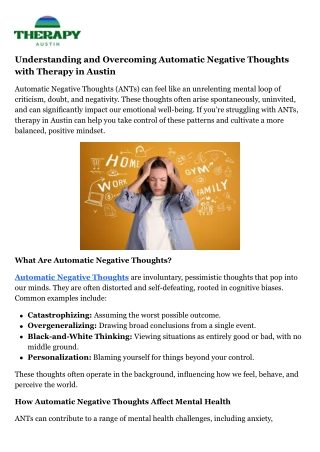 Understanding and Overcoming Automatic Negative Thoughts with Therapy in Austin