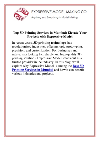 Top 3D Printing Services in Mumbai Elevate Your Projects with Expressive Model