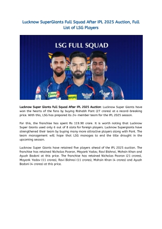Lucknow Super Giants Full Squad After IPL 2025 Auction, Full List of LSG Players