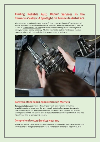 Finding Reliable Auto Repair Services in the Temecula Valley A Spotlight on Temecula Auto Care