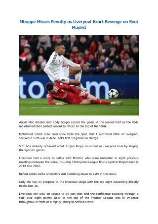 Mbappe Misses Penalty as Liverpool Exact Revenge on Real Madrid