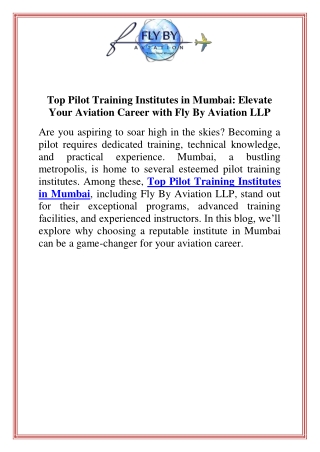 Top Pilot Training Institutes in Mumbai Elevate Your Aviation Career with Fly By Aviation LLP