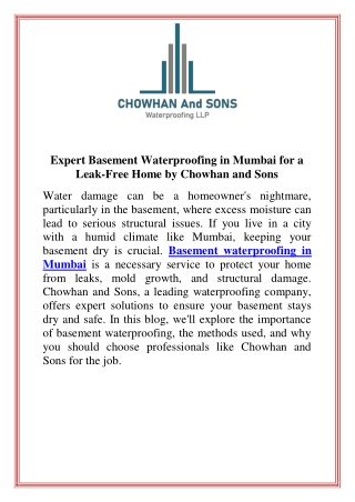 Expert Basement Waterproofing in Mumbai for a Leak-Free Home by Chowhan and Sons