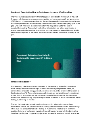 Can Tokenization Help in Sustainable Investment