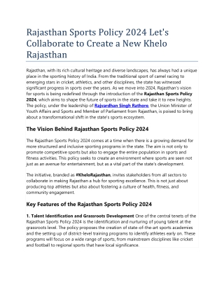 Rajasthan Sports Policy 2024 Let's Collaborate to Create a New Khelo Rajasthan