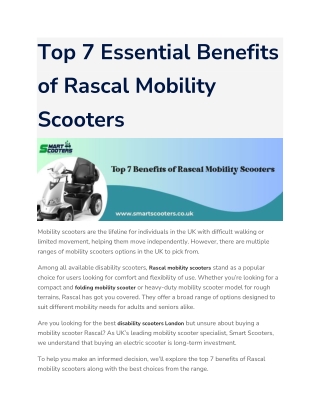 Top 7 Essential Benefits of Rascal Mobility Scooters