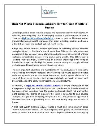 High Net Worth Financial Advisor - How to Guide Wealth to Success