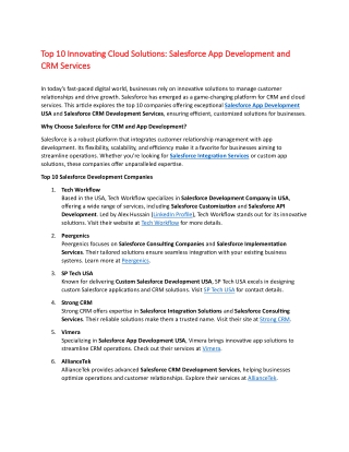 Top 10 Innovating Cloud Solutions Salesforce App Development and CRM Services