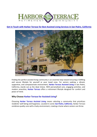 Get in Touch with Harbor Terrace for the Best Assisted Living Services in San Pedro California