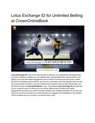 Lotus Exchange ID for Unlimited Betting at CrownOnlineBook