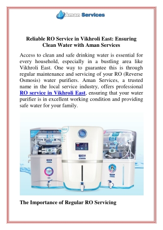 Reliable RO Service in Vikhroli East Ensuring Clean Water with Aman Services