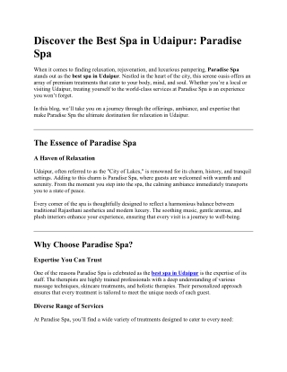 Discover the Best Spa in Udaipur: Paradise Spa