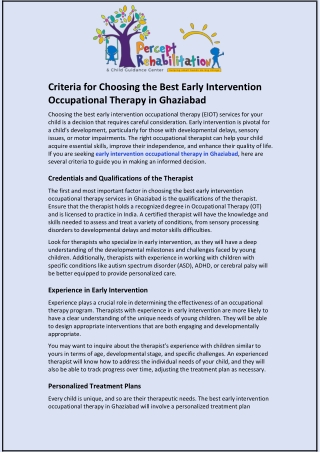 Criteria for Choosing the Best Early Intervention Occupational Therapy in Ghazia
