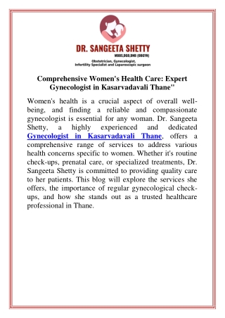 Comprehensive Women's Health Care Expert Gynecologist in Kasarvadavali Thane