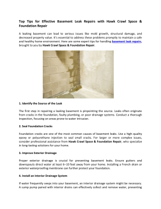 Top Tips for Effective Basement Leak Repairs with Hawk Crawl Space & Foundation Repair