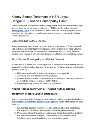 Kidney Stones Treatment in HSR Layout Bengaluru – Anand Homeopathy Clinic