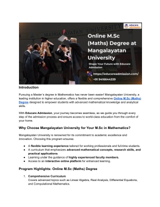 Online M.Sc (Maths) Degree at Mangalayatan University – Pursue a Flexible Postgr