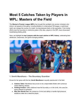 Most 5 Catches Taken by Players in WPL