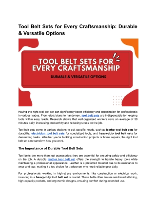 Tool Belt Sets for Every Craftsmanship- Durable & Versatile Options