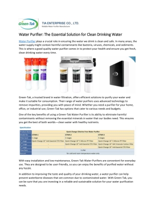 Water Purifier: The Essential Solution for Clean Drinking Water