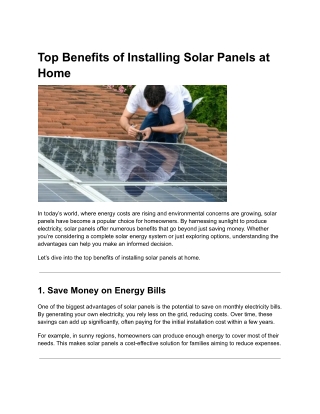 Top Benefits of Installing Solar Panels at Home