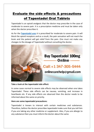 Evaluate the side effect & precautions of Tapentadol Oral Tablets