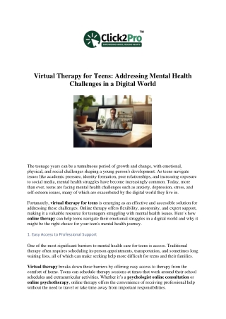 Virtual Therapy for Teens Addressing Mental Health Challenges in a Digital World