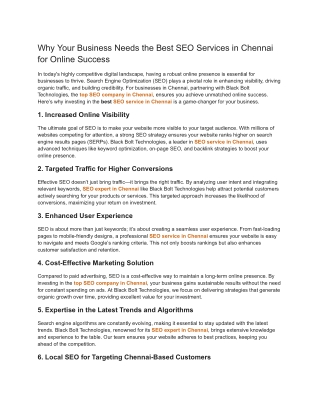 Why Your Business Needs the Best SEO Services in Chennai for Online Success
