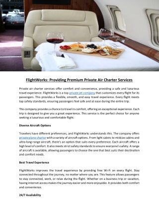 FlightWorks Providing Premium Private Air Charter Services