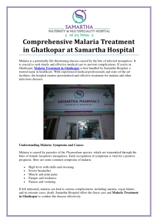 Effective Malaria Treatment in Ghatkopar for Quick Recovery