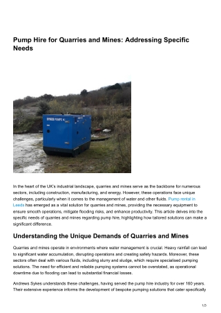 Pump Hire for Quarries and Mines Addressing Specific Needs
