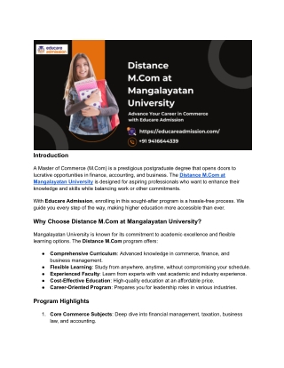 Distance M.Com at Mangalayatan University: Flexible & Affordable Postgraduate