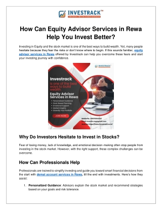 How Can Equity Advisor Services in Rewa Help You Invest Better