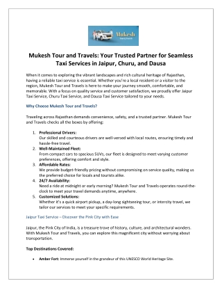 Mukesh Tour and Travels Your Trusted Partner for Seamless Taxi Services in Jaipur, Churu, and Dausa