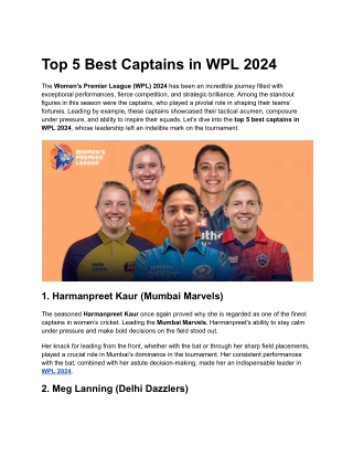 Top 5 Best Captains in WPL 2024