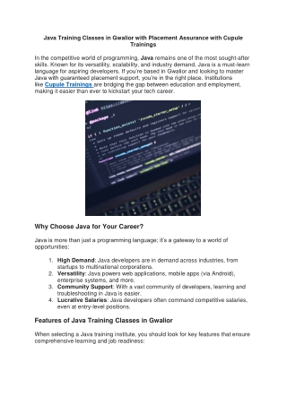 Java Training Classes in Gwalior with Placement Assurance with Cupule Trainings