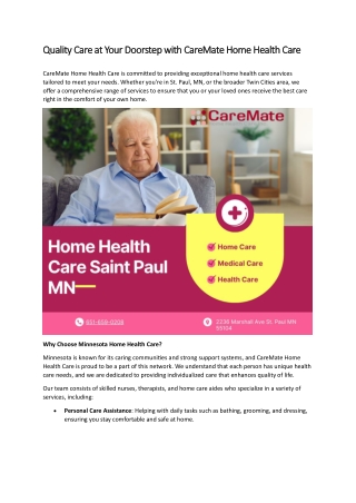 Quality Care at Your Doorstep with CareMate Home Health Care