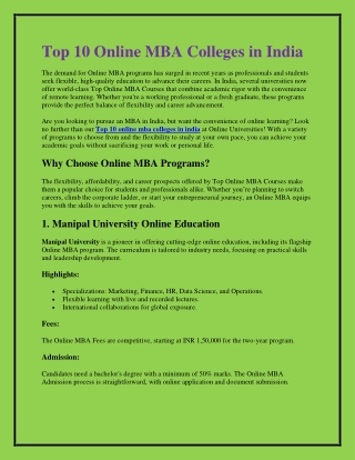 Top 10 Online MBA Colleges in India