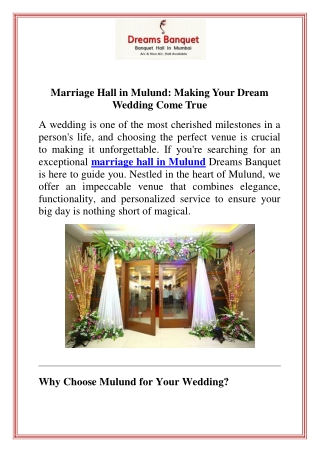 Marriage Hall in Mulund Making Your Dream Wedding Come True