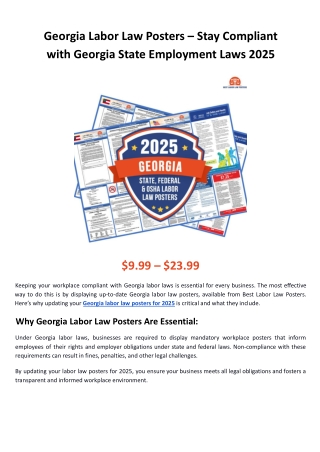 Georgia Labor Law Posters – Laminated & Digital Formats Available