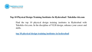 Top 10 Physical Design Training Institutes In Hyderabad  Takshila-vlsi.com